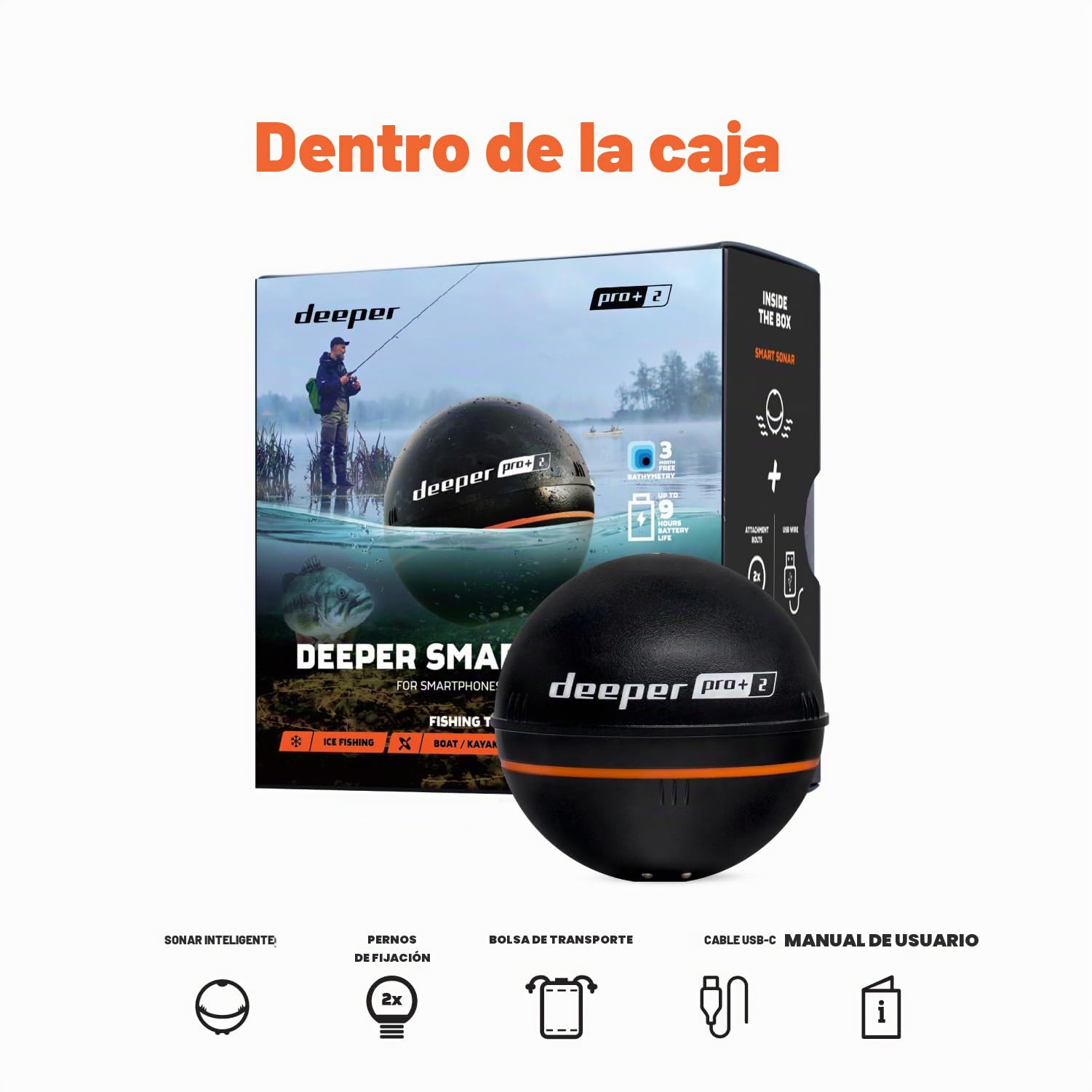 Deeper Pro+ 2 Sonda de Pesca 100m Detector Radar Peces Portátil WiFi GPS