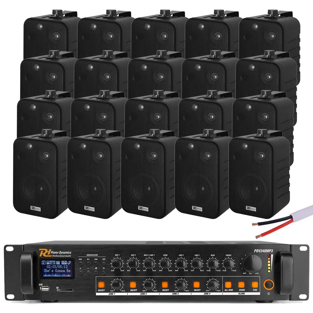 4-Zone Wall Mounted Speaker System with Amplifier, 20x 4" Black Speakers & Audio Mixer - 240W 100V Commercial PA Kit for Restaurant, Cafe, Shop Background Music, Bluetooth & FM Media Player