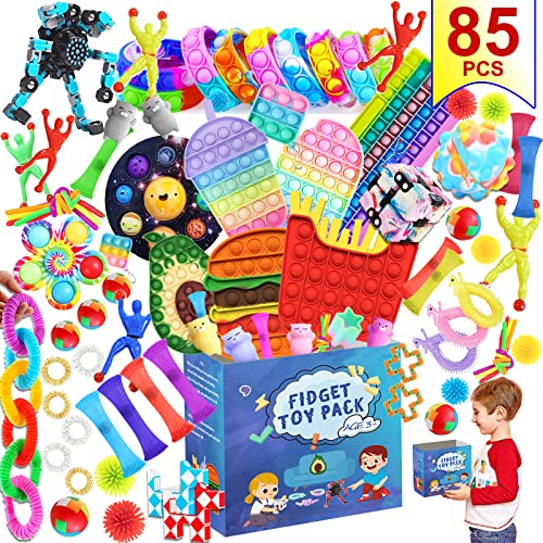 Fidget Toys Popitsfidgets Fidget Pack, Pop-on-it Fidget Keyboard with Pop in It Fidget Toy Pack Fidget Set Fidget Packs Box for Kids Adults (Pop Fidget-85PCS)