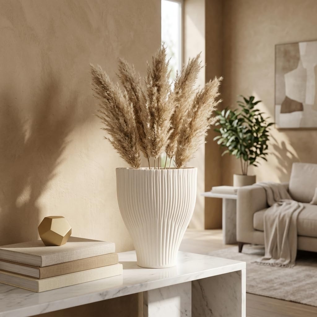 Ceramic Vase for Home Decor – Elegant Flower Vase for Living Room, Table Accent, or Bedroom Decor – 3D Printed Accent Piece for Office, Room, or House Styling – 9” Ivory