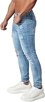 Vista 4 de HUNGSON Pantalones de mezclilla ajustados rasgados para hombre