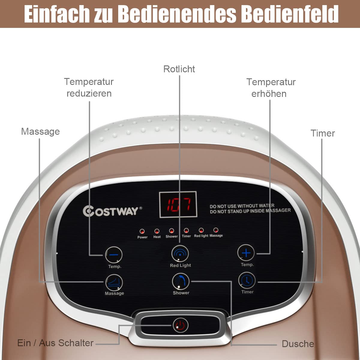 COSTWAY Fußbad mit Massagefunktion & Duschfunktion, 500W Elektrische Fußbadewanne mit Heizung, Max. 48°C, 10-60 Min Timer, Shiatsu- & Rollenmassage, Fußbad Massagegerät auf Rollen (Braun)