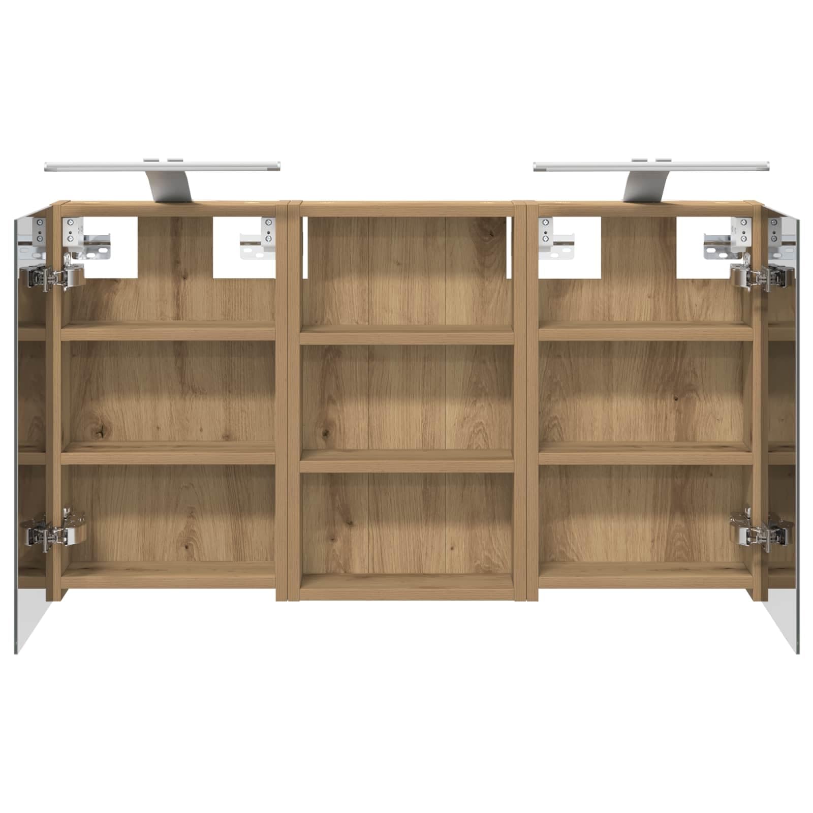Set di armadietti da bagno in legno, 3 pezzi, 90 x 10,5 x 50 cm, con montaggio a parete e illuminazione a LED, specchio bidirezionale, con ripiani, salvaspazio per mobili da bagno e