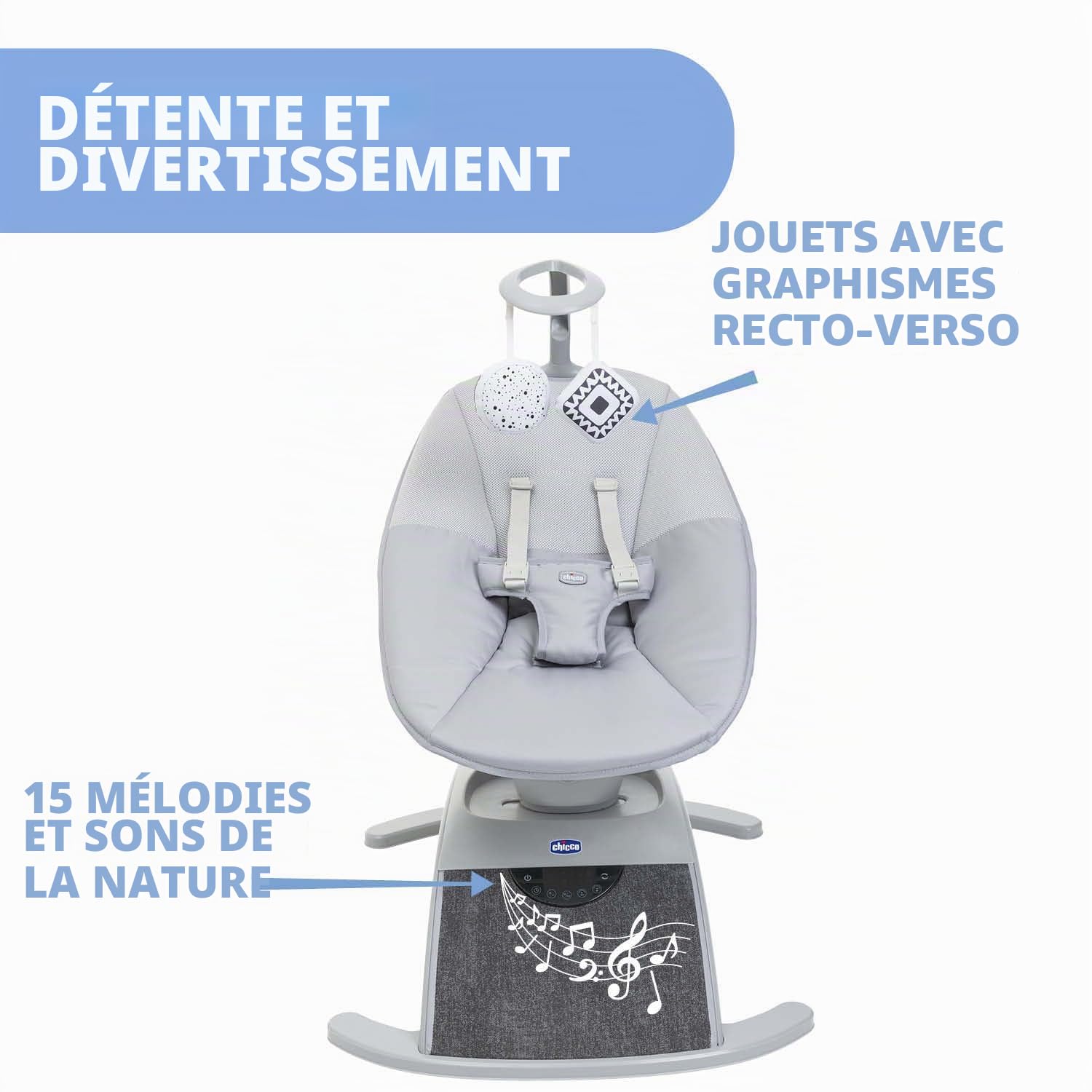Chicco Comfy Wave, Balancelle Électronique pour Bébé, avec Mouvements et Mélodies, Dossier Inclinable, Tissu Respirant Et Amovible, Barre de Jeu, Balancelle pour Bébé, 0 Mois Plus