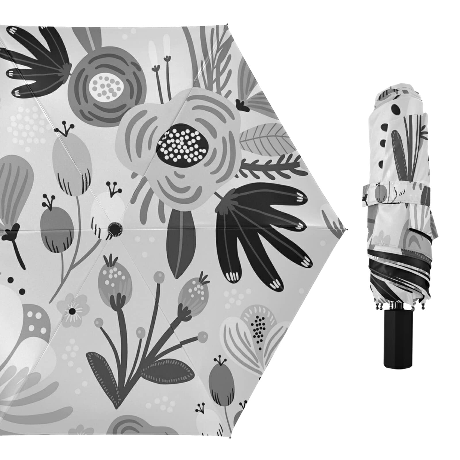 Poeticcity Pink Flowers Berries Leaves Seamless Floral Texture Black White Folding Umbrella, Anti-UV 3 Folds Lightweight Parasol, Compact Windproof Strong Umbrellas for Car Travel Sun & Rain