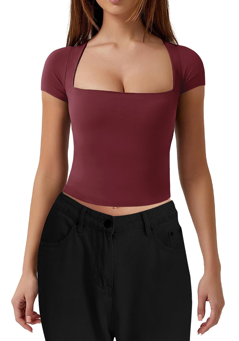 LACOZY Women's Square Neck Crop Top Sexy Short Sleeve T Shirts Cute Going Out Tops Y2k Basic Cropped Tee