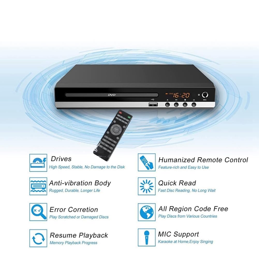 MARKELL Reproductor de DVD 1080P HD Reproductor de DVD DoméStico Box para TV Reproductor de Disco CD DVD Gratuito para Todas Las Regiones Reproductor EVD con Salida AV - Enchufe Europeo