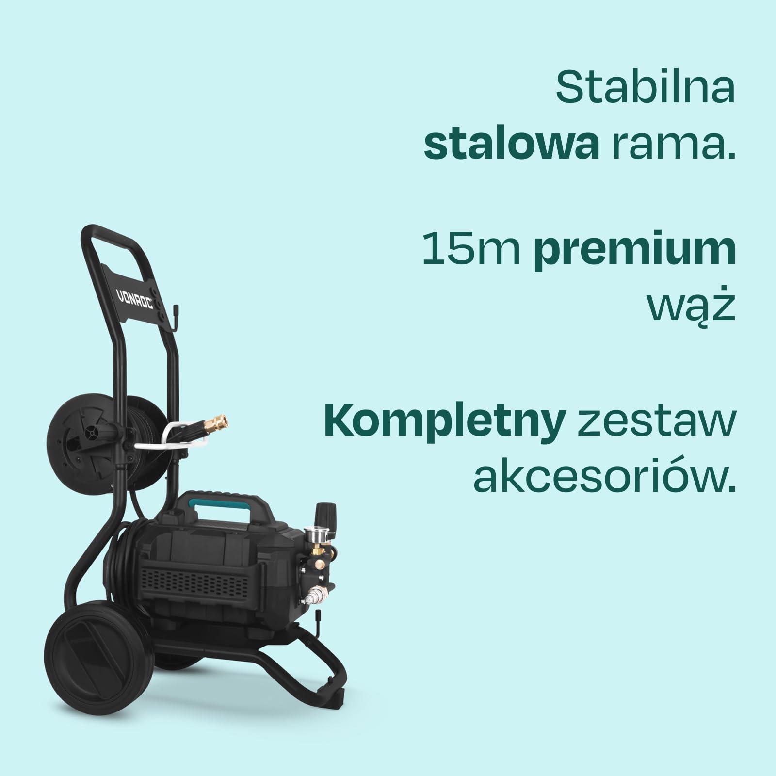 VONROC Myjka ciśnieniowa PRO V25-3 – 2500 W – 180 barów – silnik indukcyjny – wąż premium o długości 15 m – w zestawie: końcówka do czyszczenia tarasów, rozpylacz piany i 5 dysz