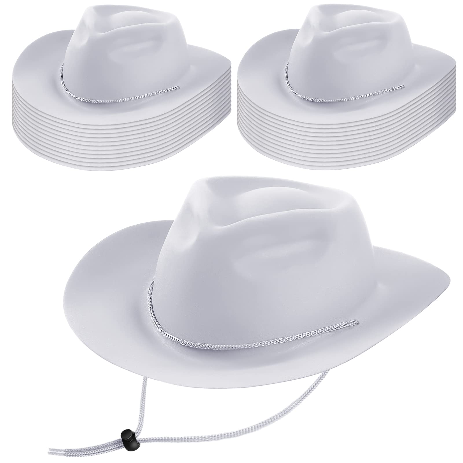 Mepase 24 Pieces Disposable Plastic Western Cowboy Hat Set Felt Wide Brimmed Cowgirl Hats for Men Women Costume Party(White)