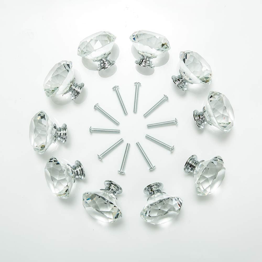 10PCS 40MM Diamond Crystal Glass Cabinet Knobs Cupboard Drawer Pull Handle,3 Size Screws