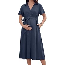 OUGES Womens Summer Maternity Dress Collar V Neck Button Down Tie Waist Casual Midi Dresses with Pockets 2026