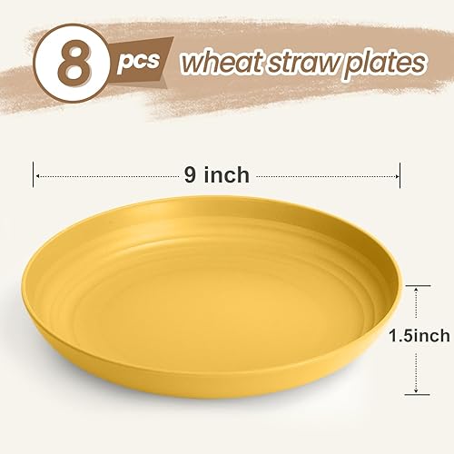 Miniatura 2 de BUSOKIP Platos de paja de trigo de 9 pulgadas, juego de 8 platos de plástico aptos para microondas y lavavajillas, platos profundos reutilizables,