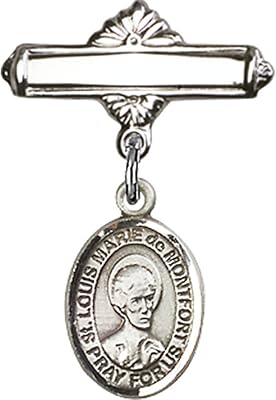 Sterling Silver Baby Badge with St. Louis Marie de Montfort Charm and Polished Badge Pin 1 X 5/8 inches