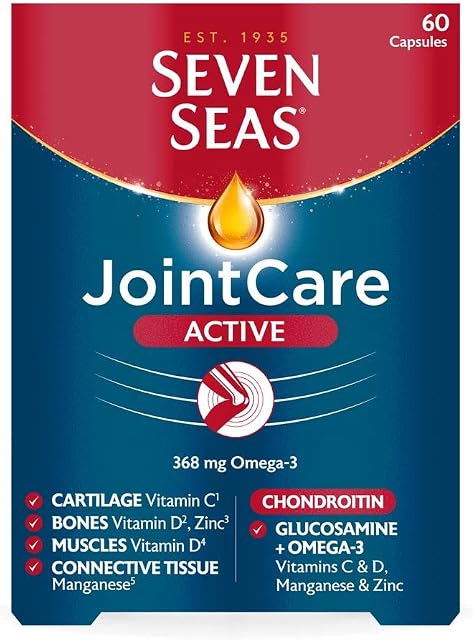 Seven Seas JointCare Supplements, Active, Glucosamine And Chondroitin High Strength, 60 Capsules With Omega-3, Vitamin D & C, EPA & DHA, Manganese & Zinc