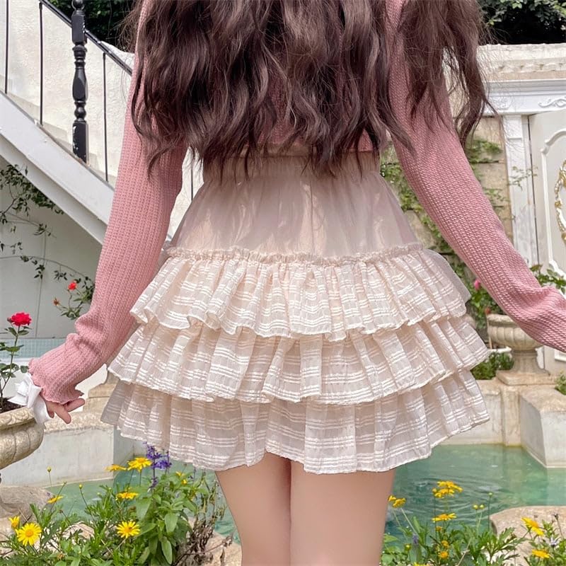 SOLILOQUY Women's Lolita Kawaii Mini Skirts Elastic Waist Tiered Ruffle Mini Skirts/Skort Japanese Korean Cute Sweet Skirt