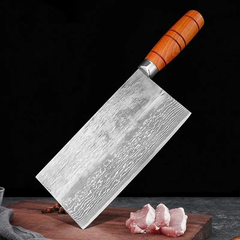 Meat Cleaver Knife, 7.5 Inch Chinese Chef Knife Wood Handle Damascus Steel 10Cr15MoV Blade Sharp Slicing Cleaver Meat Kitchen Knives