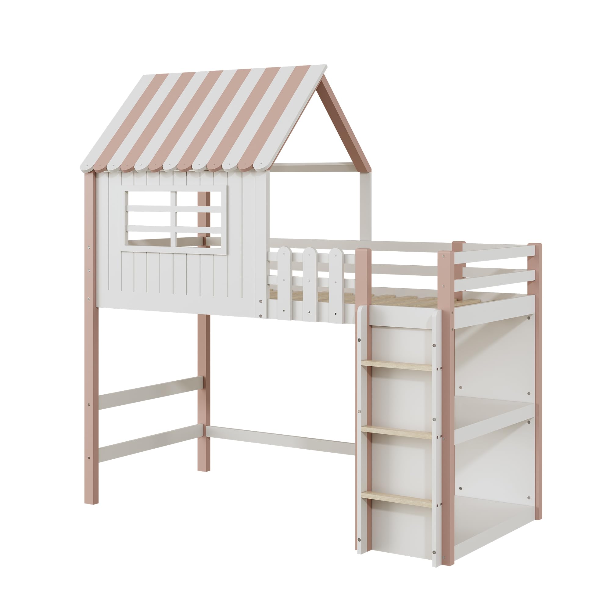 Hochbett 90x200, Kinderbett mit Ablagefach, Multifunktionsbett Massivholzbett mit Rausfallschutz und Lattenrost Holzbett, Rosa, ohne Matratze