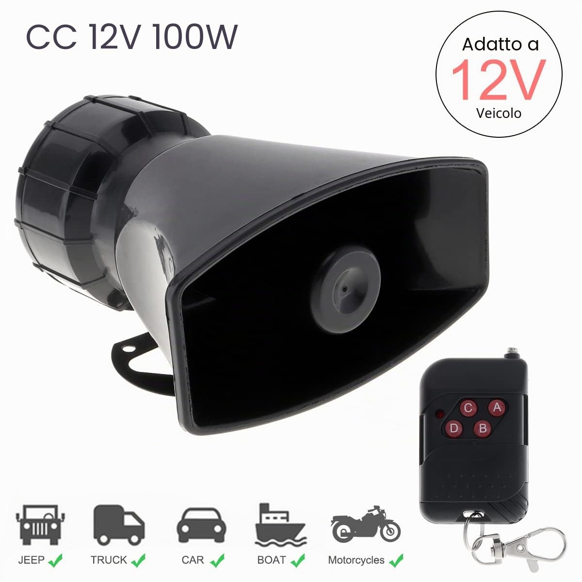 Sirena per auto con 7 diversi toni, suono del clacson, ambulanza, sirena, traffico, con telecomando, 12 V, 100 W (1 x telecomando)