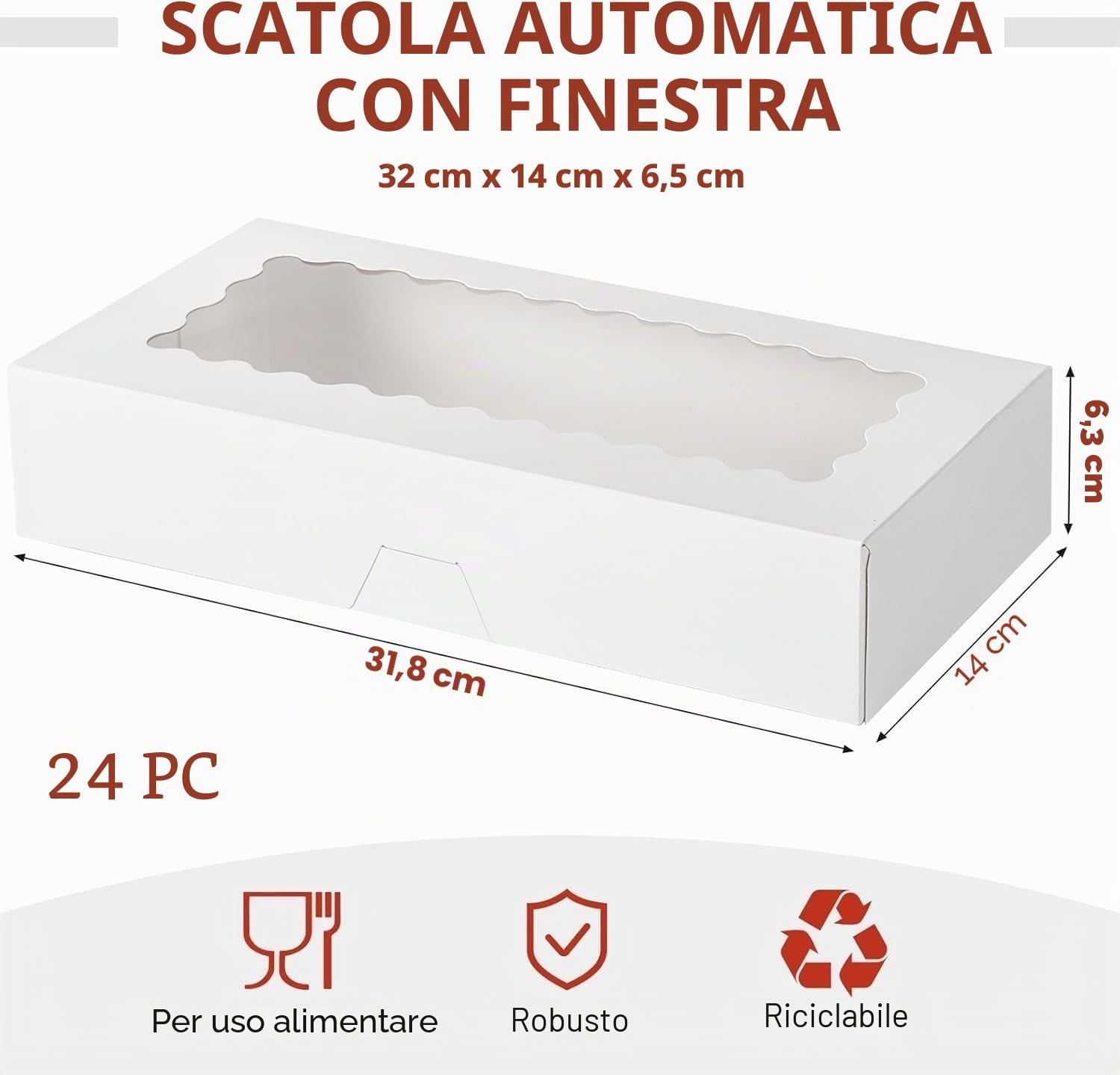KAHEIGN 24 Pezzi Scatole per Biscotti con Finestra, 32CM x 14CM x 6.5CM Grandi Scatole Bianche per Pasticceria Quadrate Scatole per Dolcetti Torte Ciambelle Cioccolato Ricoperte Fragole Muffin Torte