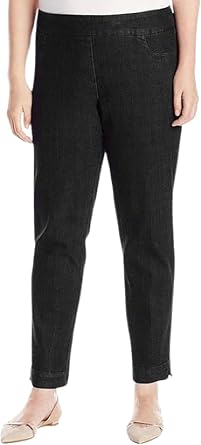 SLIM-SATION womens Wide Band Regular Length Pull-on Straight Leg With Tummy Control Pants, Black Denim, 10 US