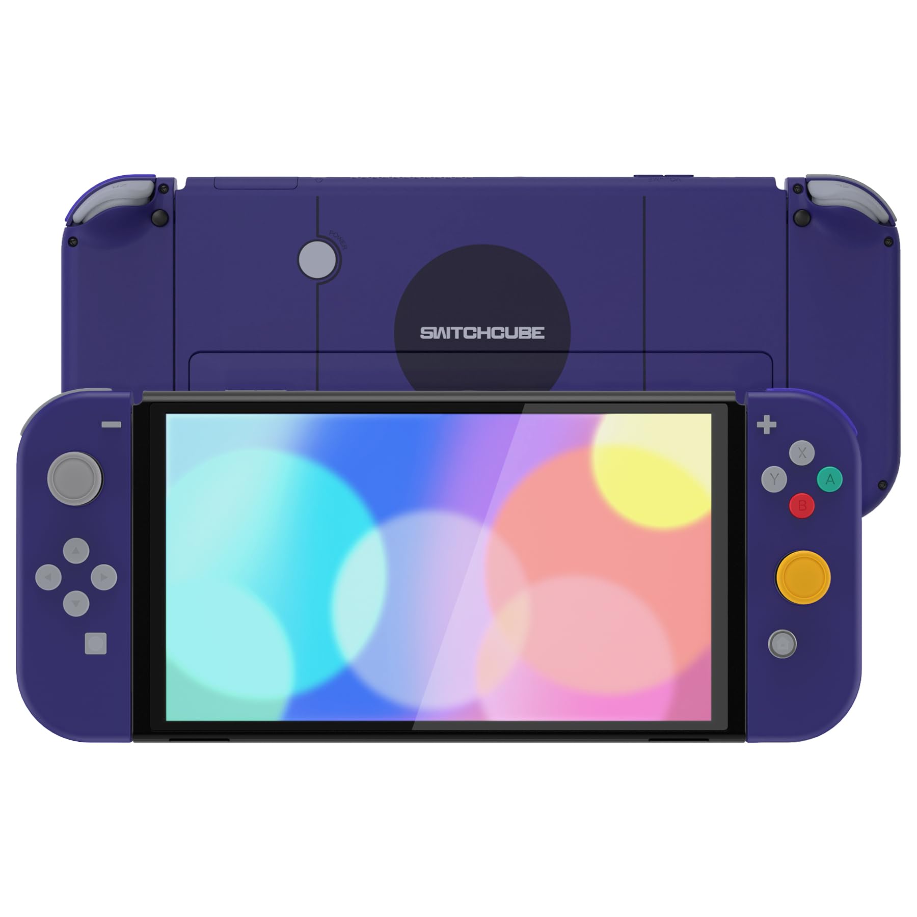 eXtremeRate Coque avec Motif de Remplacement pour Nintendo Switch OLED, Coque Motifs rétro Complète pour Nintendo Switch OLED, avec Bouton Coloré Béquille Coque pour Joycon,Violet NGC Classique