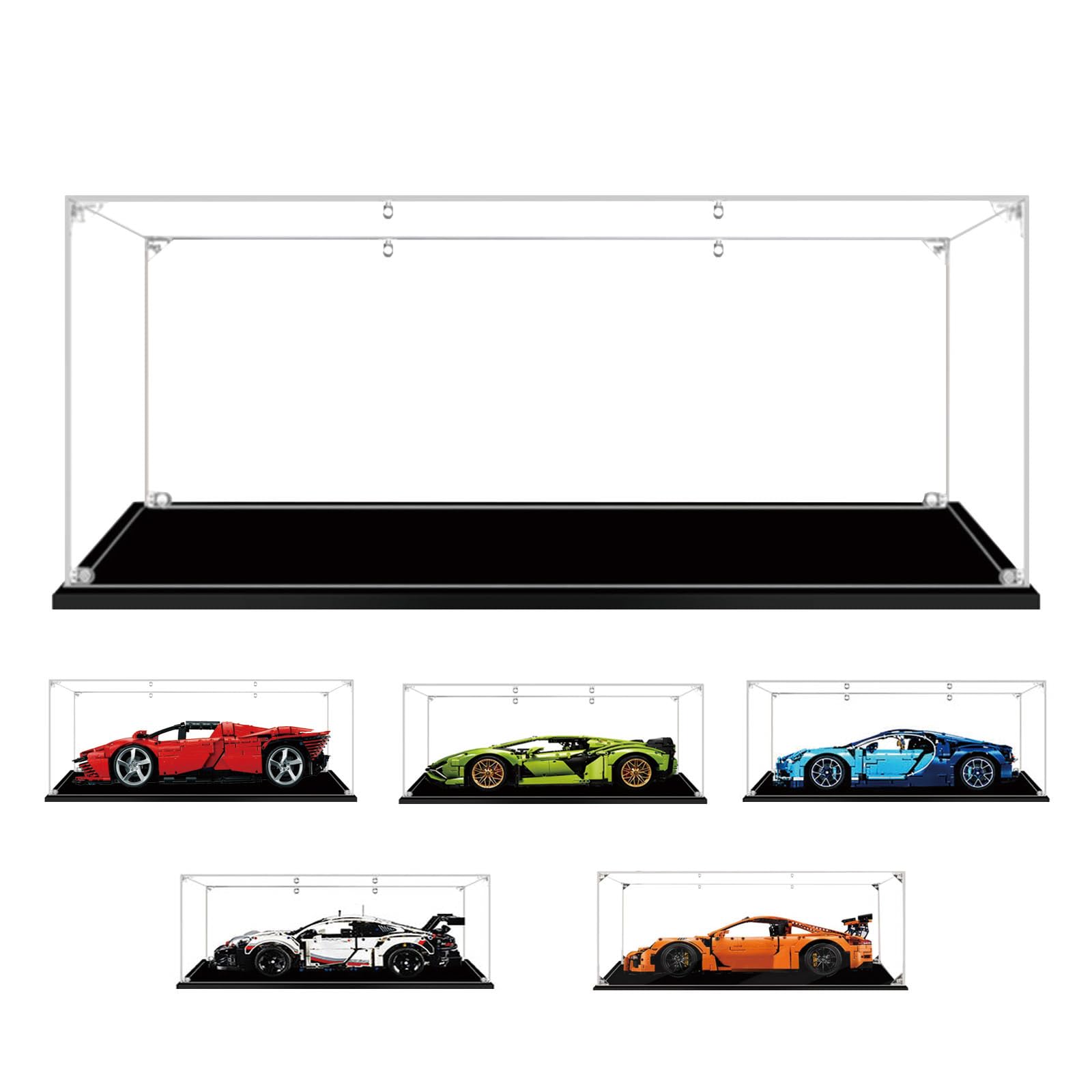 Vitrine pour Lego-42143/42115/42083/42096 - Présentoir Vitrine en Acrylique Transparente pour [Ferrari-Daytona-SP3/Lamborghini-Sian/Bugatti-Chiron/Porsche-911-RSR] - 62x30x20cm