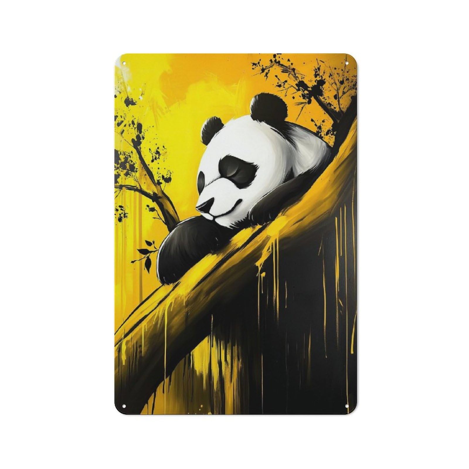 Junmoney Style-24 Sleeping Panda In Yellow Tin Sign 30X20cm, Modern Vintage Creative Space Decor For Hobby Room, Office, Lounge Or Living Room