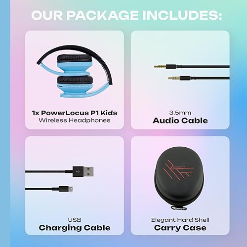 Miniatura 7 de PowerLocus Auriculares Bluetooth para niños, auriculares inalámbricos plegables sobre la oreja, auriculares con micrófono, límite de volumen de 85