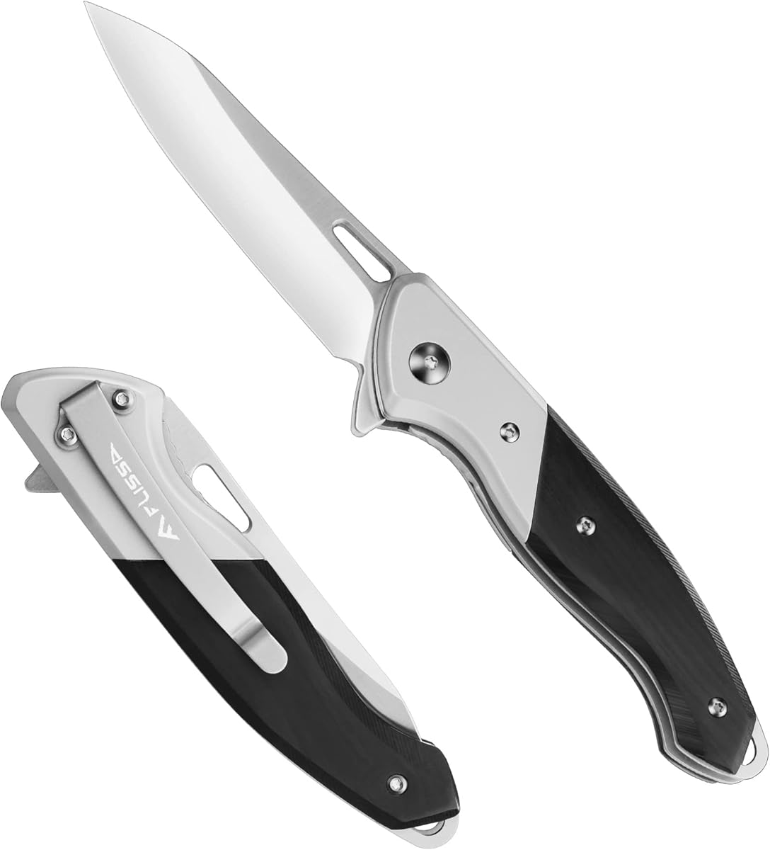 FLISSA Pocket Knife, Folding EDC Knife, 3.5 inch Blade, Titanium Coating & Ebony Wood Handle, for Outdoors, Hiking, Camping, Black