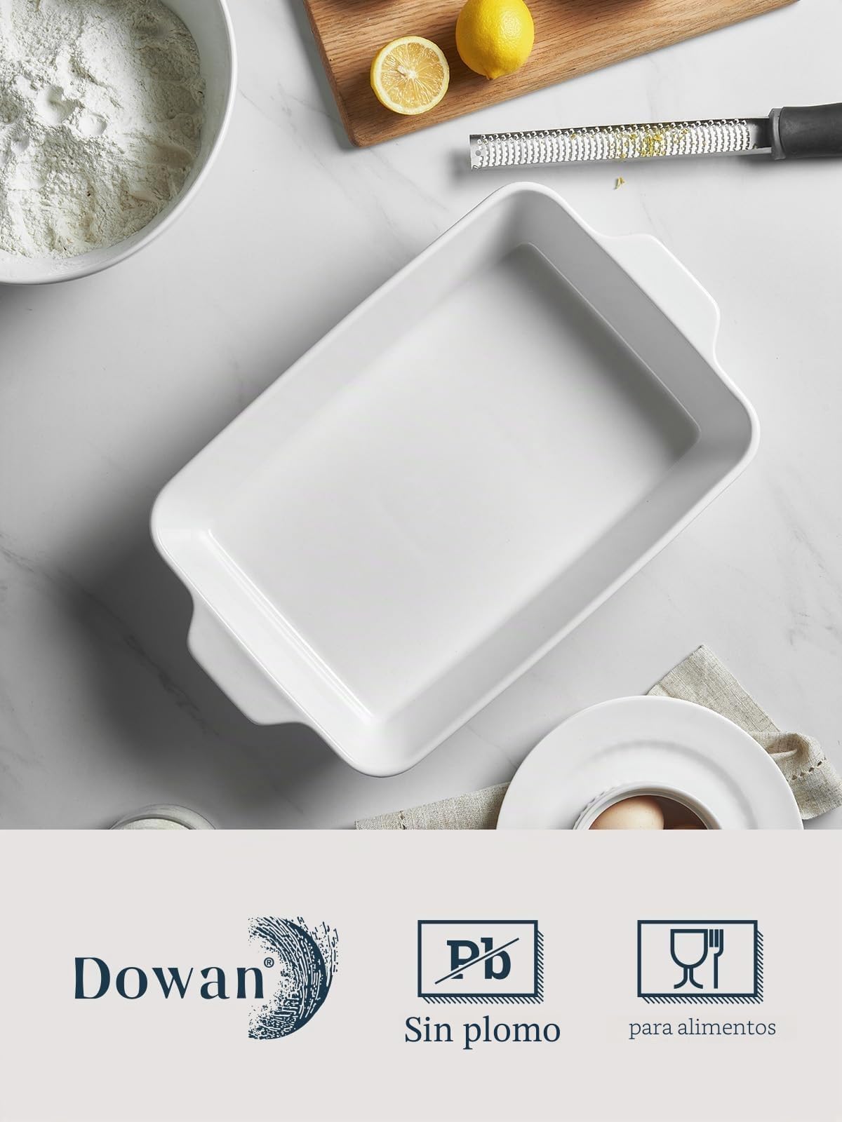 DOWAN Cazuela, 9x13 Plato de Cerámica para Hornear, Molde Grande para Lasaña, 4.2 Cuartos con Asas, Apto para Horno y Duradero para Lasaña, Regalo de Boda, Blanco