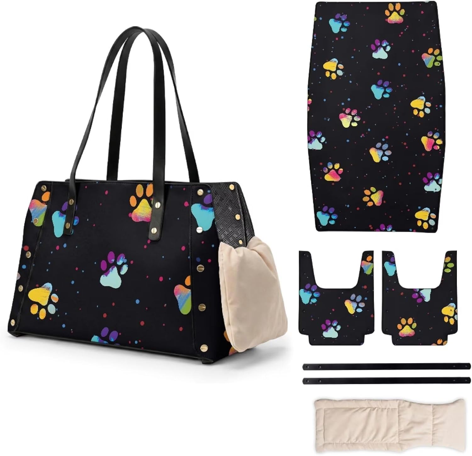 COEQINE Colorful Paw Prints Puppy Purse Carrier for Small Dogs 0-15 Ibs Pink Leather Hobo Bag Tote Sling Purses for Women Travel Small Pet Bag for Travel Daily Commuting,15x9x6 in