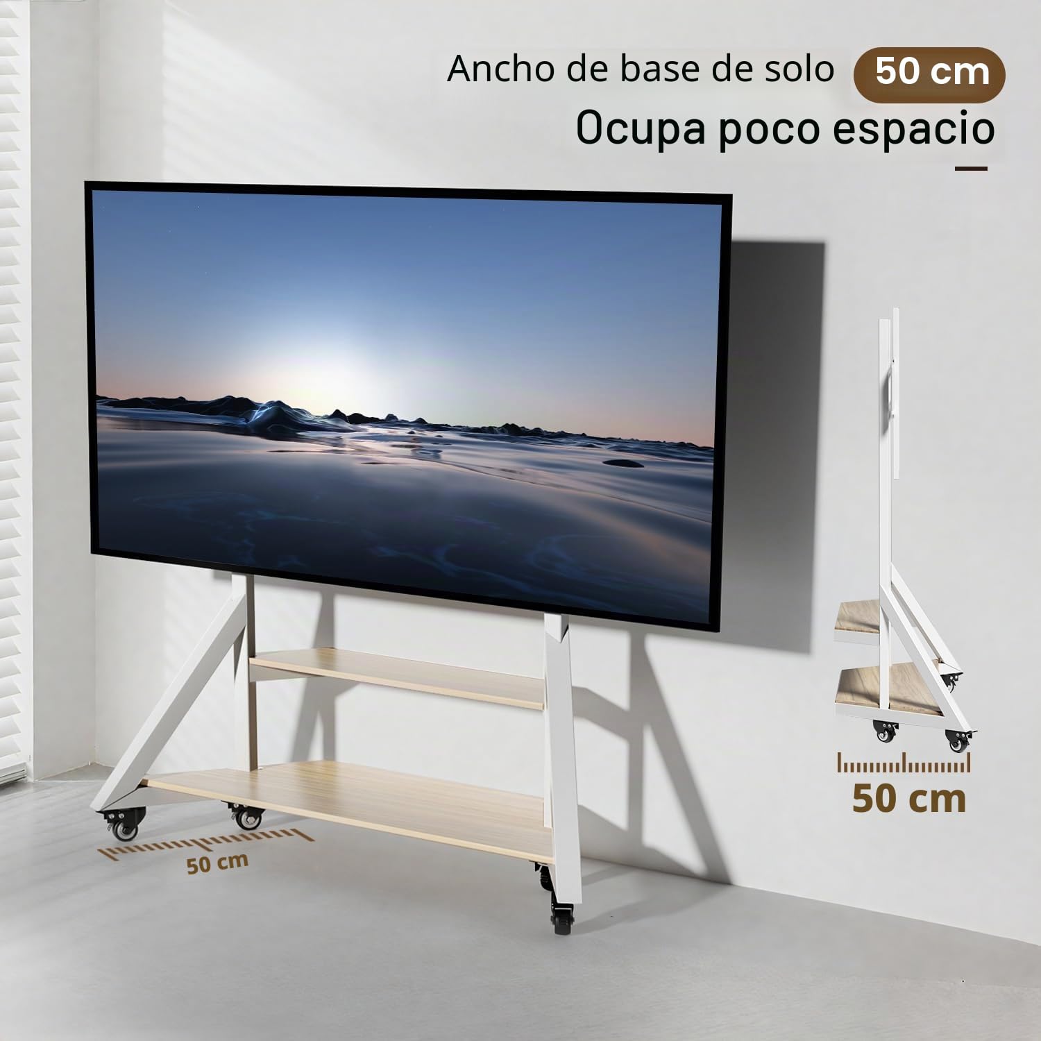 UNHO Soporte TV con Ruedas para 65-100 Pulgadas, Blanco | Soporte de Pie, 2 Estantes, Altura Ajustable 138-158 cm , MAX 100 KG, Vesa 300x200 - 800x600 mm para Salón, Aulas y Oficinas