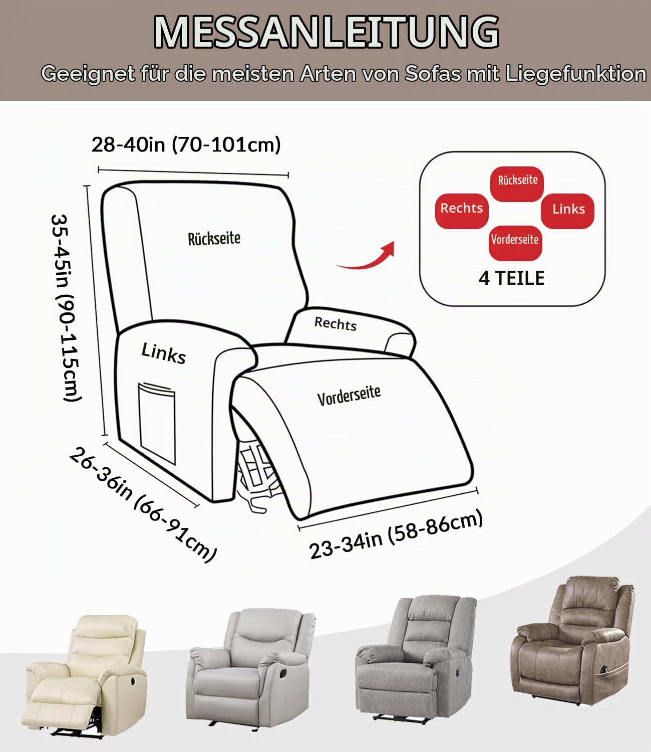 sesselschoner für Relaxsessel 1 Sitzer, 4-Teilig Jacquard Khaki Sesselschoner für Fernsehsessel und Relaxsessel mit Taschen, Stretch Sesselbezug mit armlehne