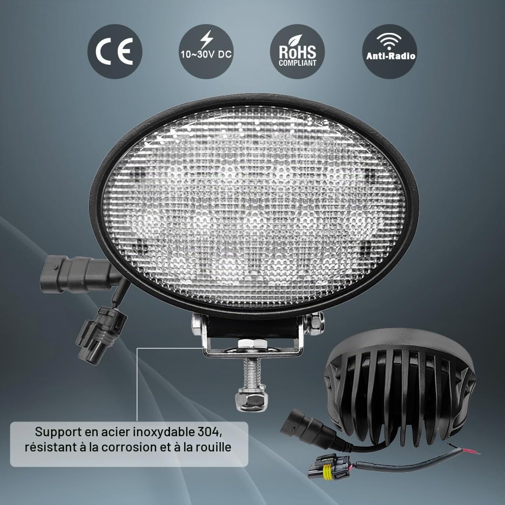 Phare de Travail Led Tracteur Ovale Agricole 65W 5200lm 6000K 6,5In Feu de Travail Led 12V/24V Compatible avec John Deere Tracteur Série 7020-7030, 8020-8030,8030T
