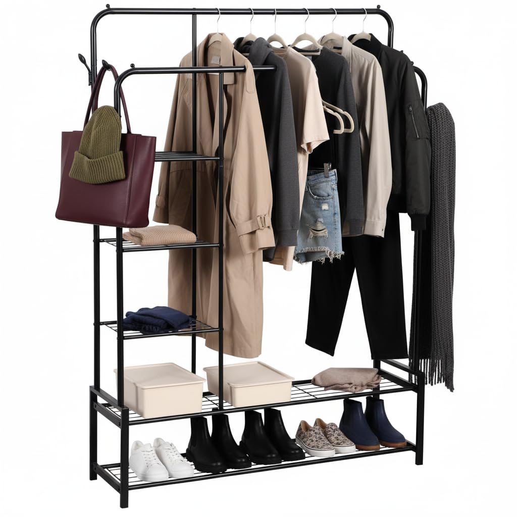 House Of Home Heavy Duty Clothes Rail with 5 Shelves — 5.5ft Tall, 2 Shoe Racks, Freestanding Black Storage Rack for Bedroom and Hallway
