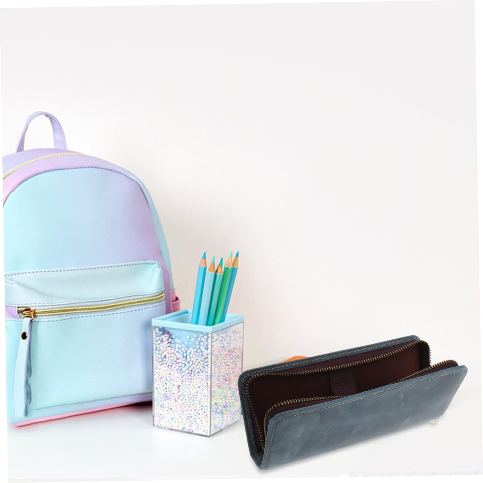 NUOBESTY Estuche de Cuero Azul para Lápices y Bolígrafos, Cuadrado, Cremallera, Gran Capacidad, Adecuado para Escuela y Hogar, Estilo Retro Creativo