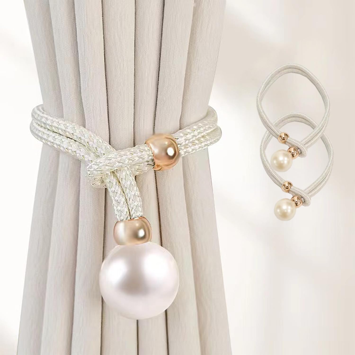 FURNJOYLIFE 2 Pack Adjustable Big Pearl Curtain Tiebacks Cotton Hand Woven Tie Back Decorative Rope Holdbacks for Curtains Draperies Curtain Ties for Home Bedroom Office Decorative Curtain, Cream