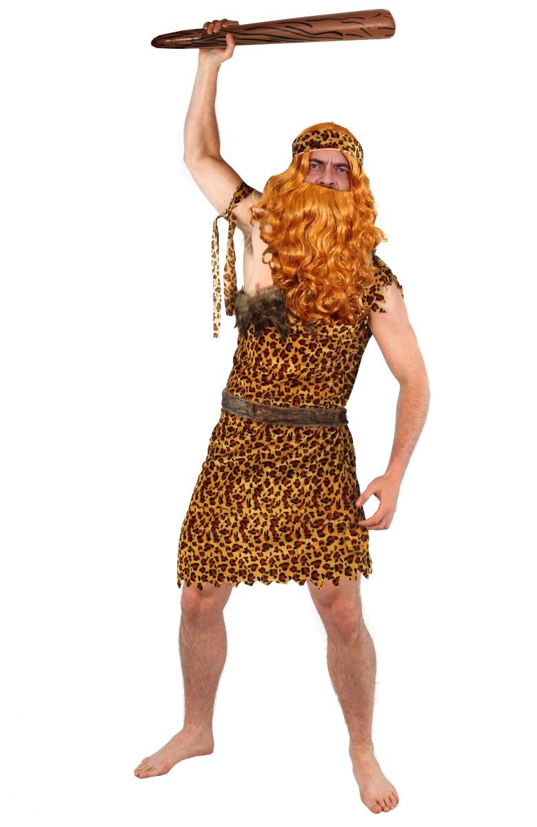 CAVEMAN FANCY DRESS COSTUME WITH INFLATABLE CAVEMEN CLUB DELUXE CAVE MAN LEOPARD PRINT TUNIC + HEADBAND + ARMBAND + BROWN WIG WITH BEARD (X-SMALL)