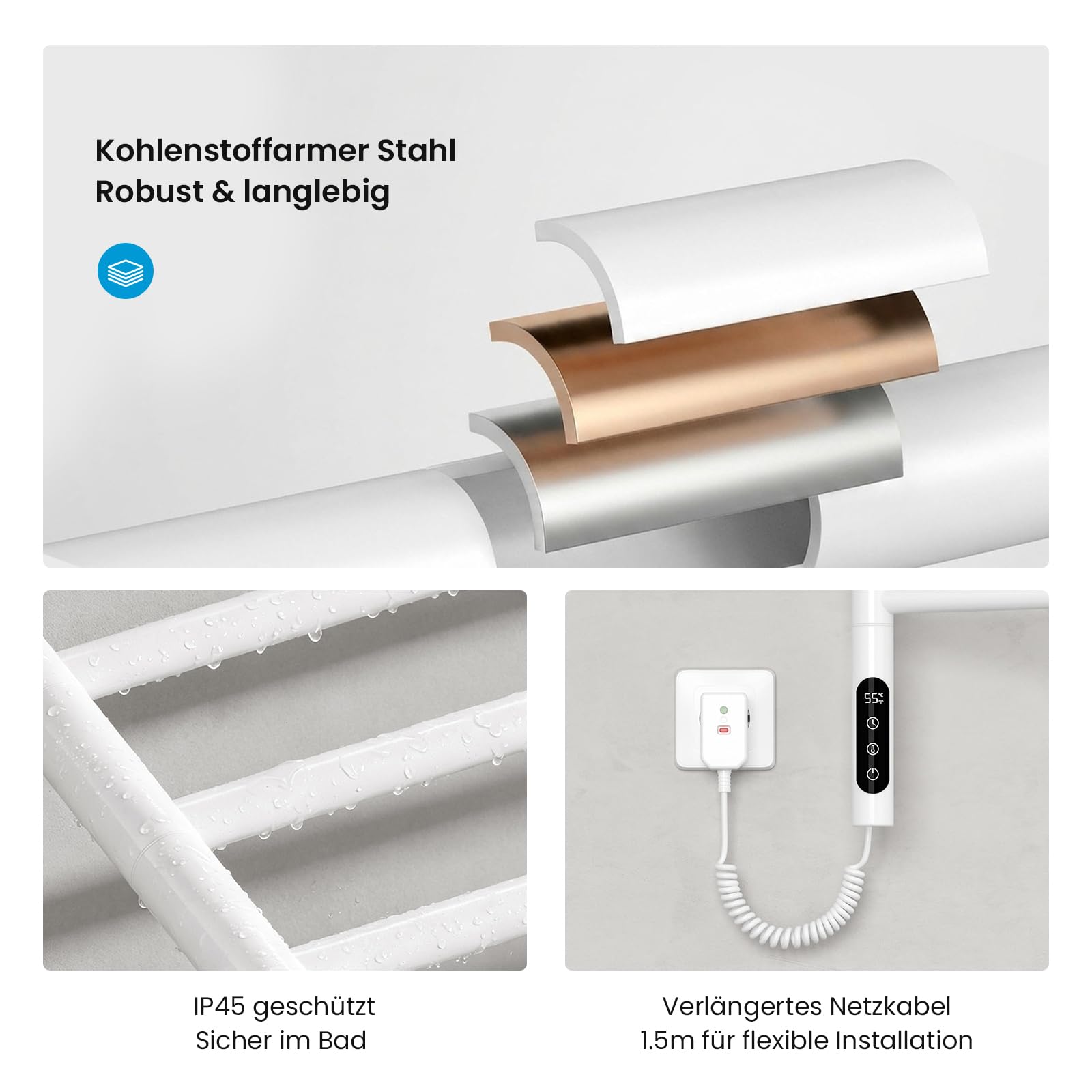 Heilmetz 78x45cm Handtuchheizkörper Elektrisch 135W, 180° drehbar, Weiß | WiFi Smart per App & Sprachsteuerung Carbon-Heizung 30–70°C 1–24h Timer Wochenprogramm