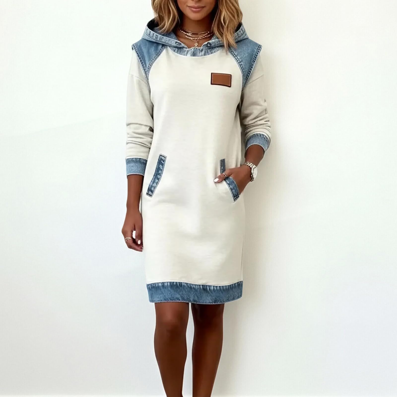 FUPODD Pulloverkleid Damen Oversize Mit Kapuze Sweatkleid Langarm Patchwork Jeans Hoodie Kleid Knielang Winterkleid Elegant Hoodiekleider Winter Sweatshirtkleid Mit Taschen Kapuzenkleid Longpullover