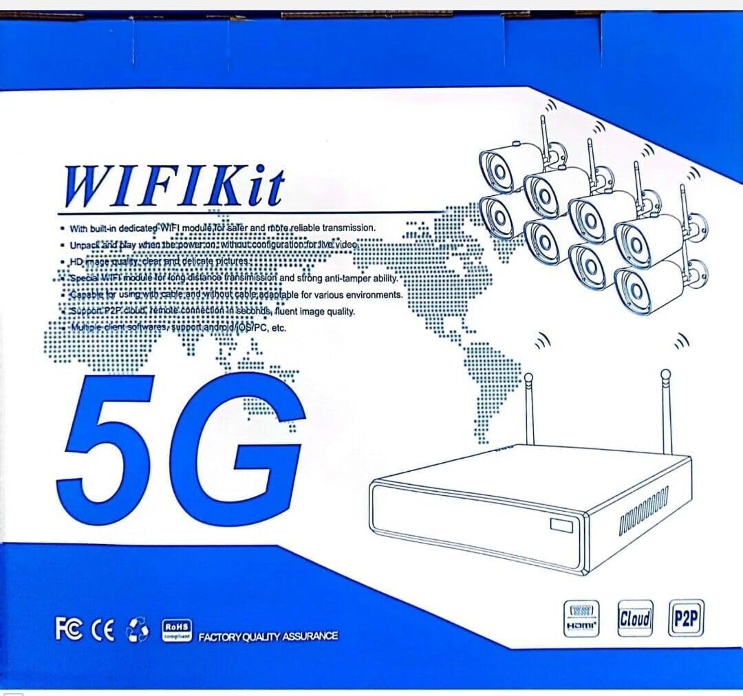 Kit Videosorveglianza Wireless Full Hd 8 Canali + 8 telecamere + Mouse + Alimentatori Wifi Remoto Ip 5g Dvr Nvr Lan