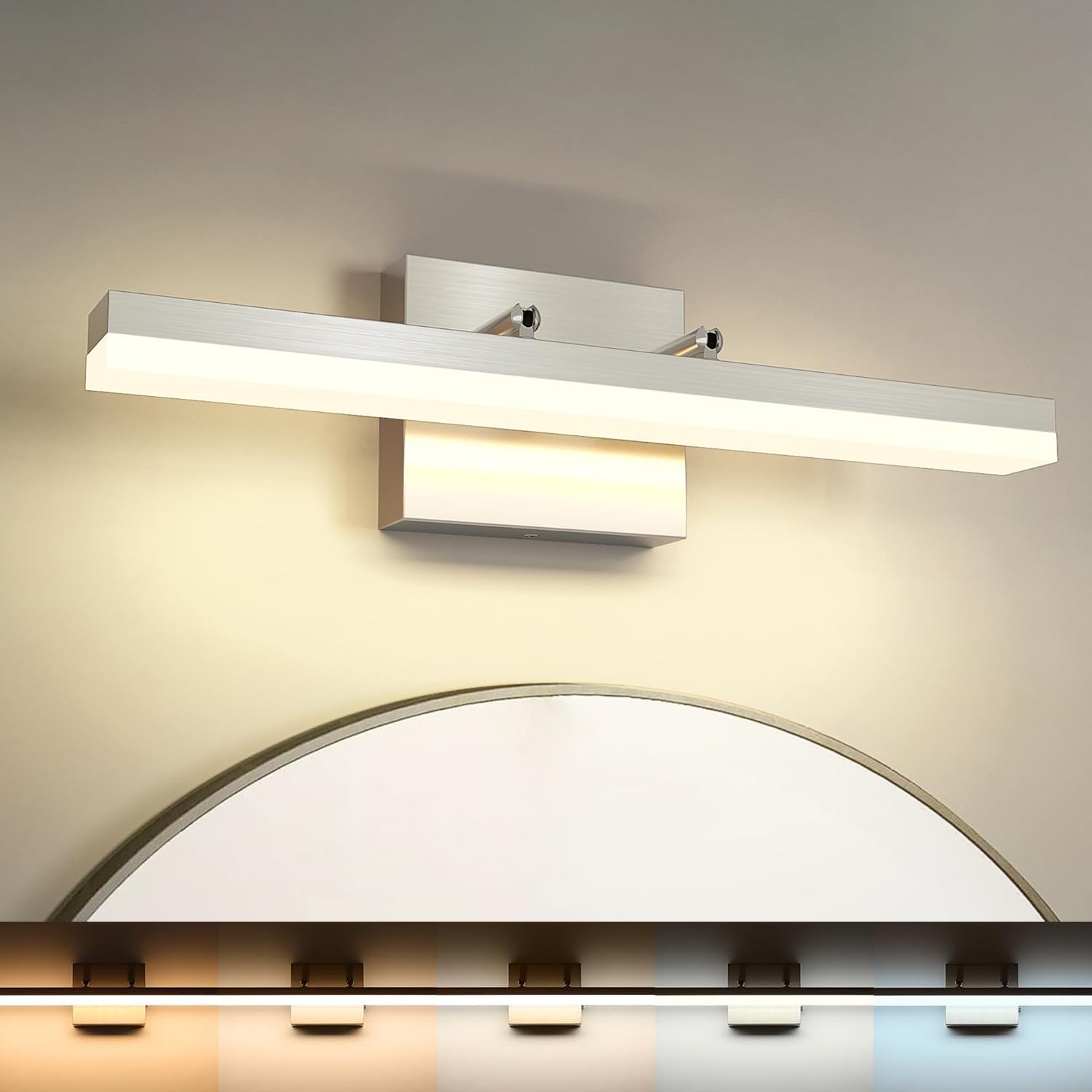 5CCT Dimmable (2500K-5500K), 180 Degree Adjustable, 12W LED, Brushed Nickel, 15.75-inch Bar Light Over Mirror LED Vanity Light Bar for Bathroom Wall Light Fixture, 15.75in