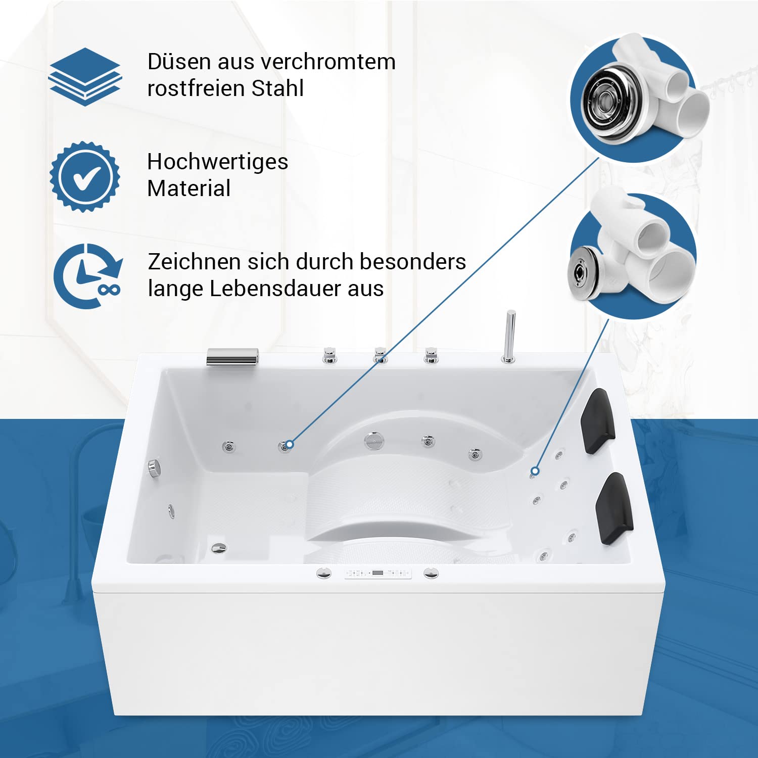 AQUADE Jacuzzi 2 Person Whirlpool Marburg Classic 180x130 mit LED Whirlpool Beleuchtung, Armatur Whirlpool Badewanne & Badekissen für Badewanne Whirlpool 2 Personen/Badewanne Komplett Set