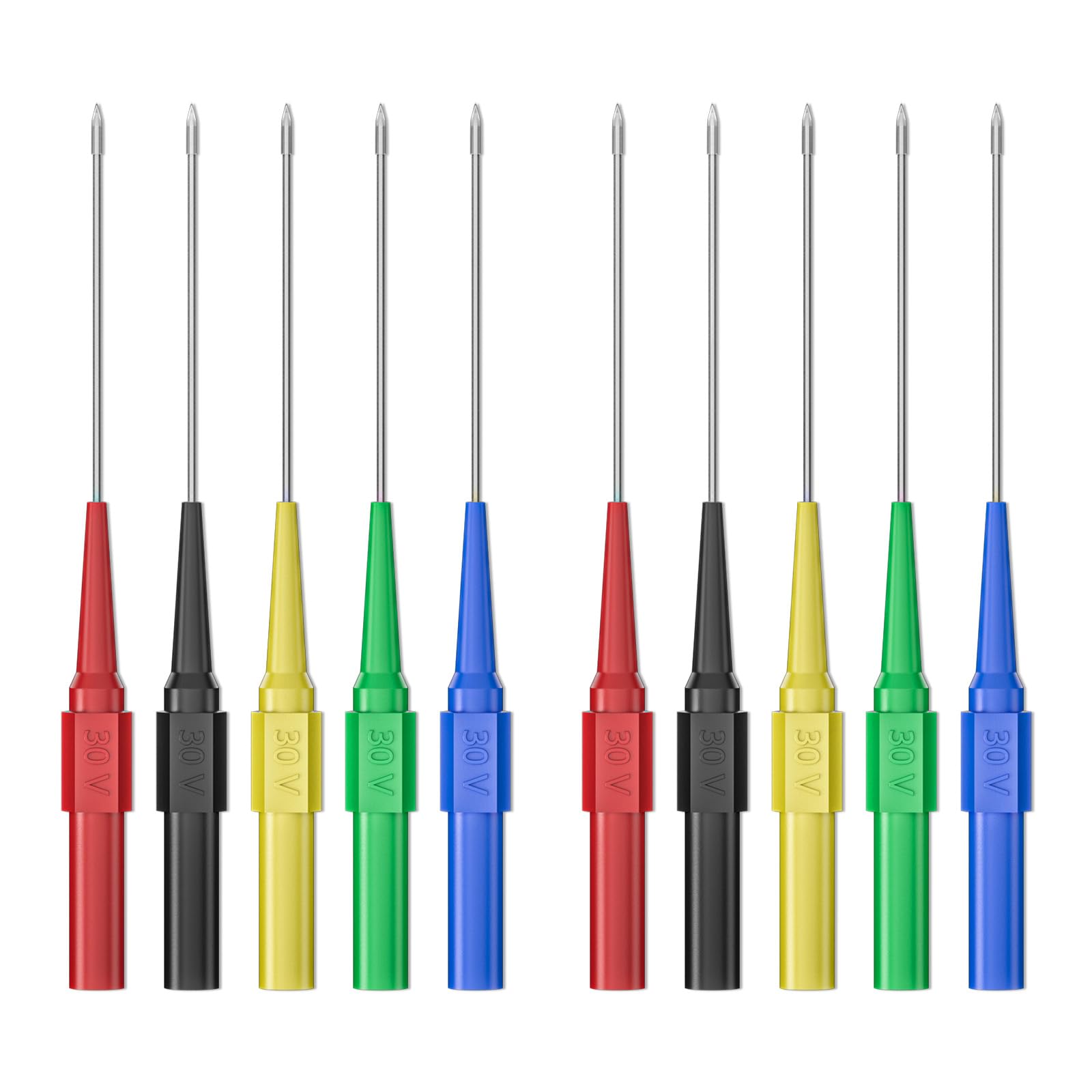 10 pezzi da 0,7 mm versione lunga punte di prova spilli isolanti non distruttivi filo piercing aghi in acciaio inox posteriore campione penne multimetro sonde per connettore maschio a banana