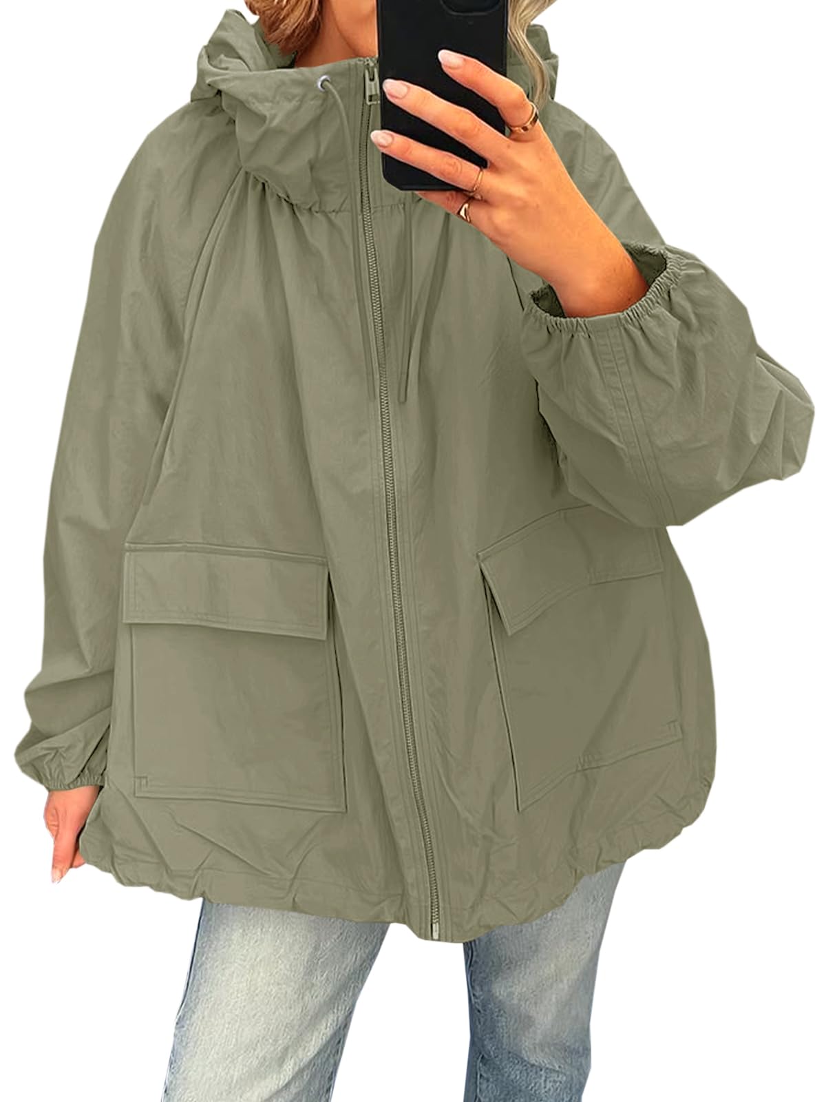Fisoew Womens Oversized Lightweight Jacket Hooded Trench Coat Windbreaker Waterproof Raincoat With Pockets For Outdoor