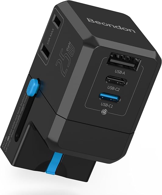 Pocket-Sized International Power Adapter, BEONDON 5-in-1 European Travel Plug with Dual USB-C (25W PD + 15W) & USB-A, 2 Polarized US AC Outlets for Europe UK AU IT JP | Power up to 5 devices at once with 2 AC outlets and 3 USB ports.Ideal for phones,