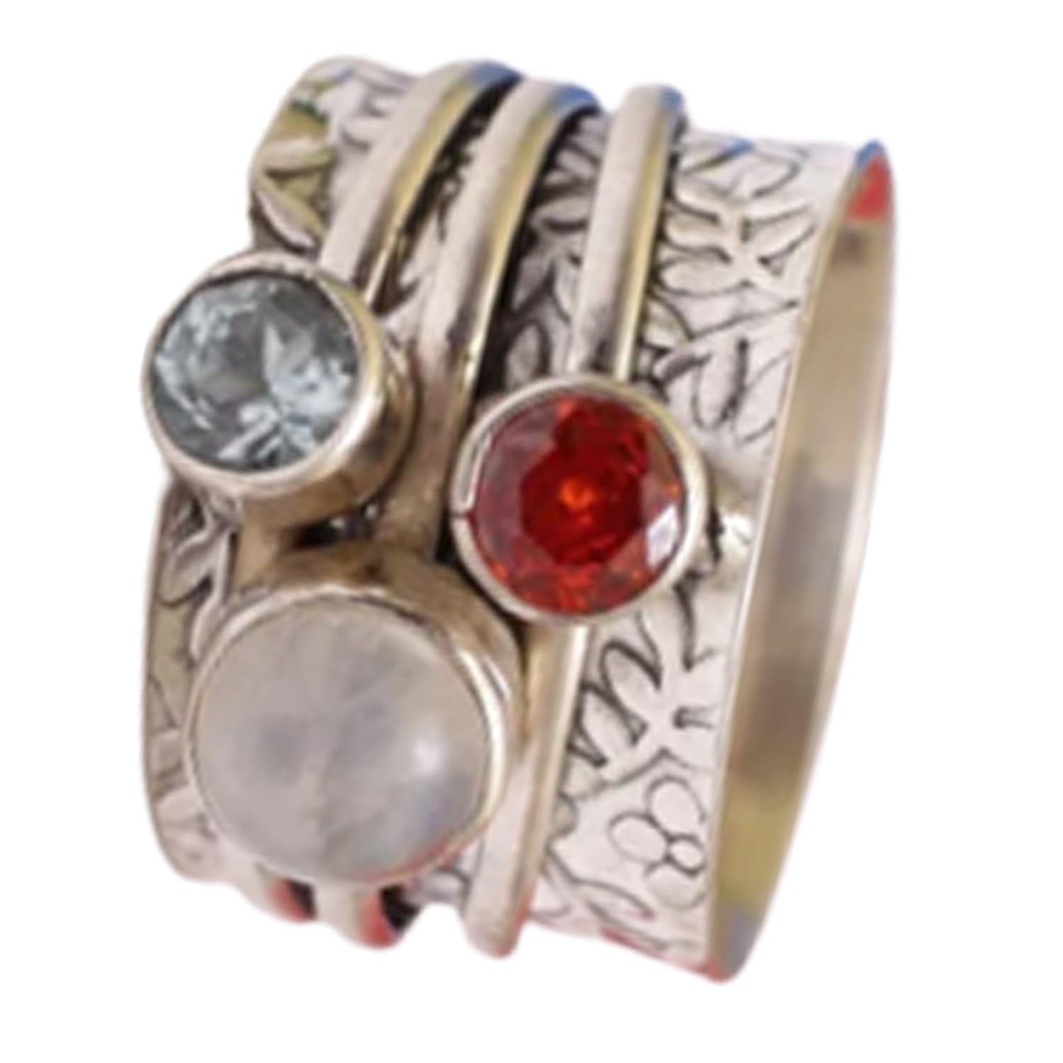 Mondstein, Granat und blauer Topas 3-Stein-Spinnring, einzigartiger Designer-handgemachter feiner Schmuck, Meditations-Spinner-Ring, Angst-Fidget-Ring, erstaunlicher Geburtsstein-Ring
