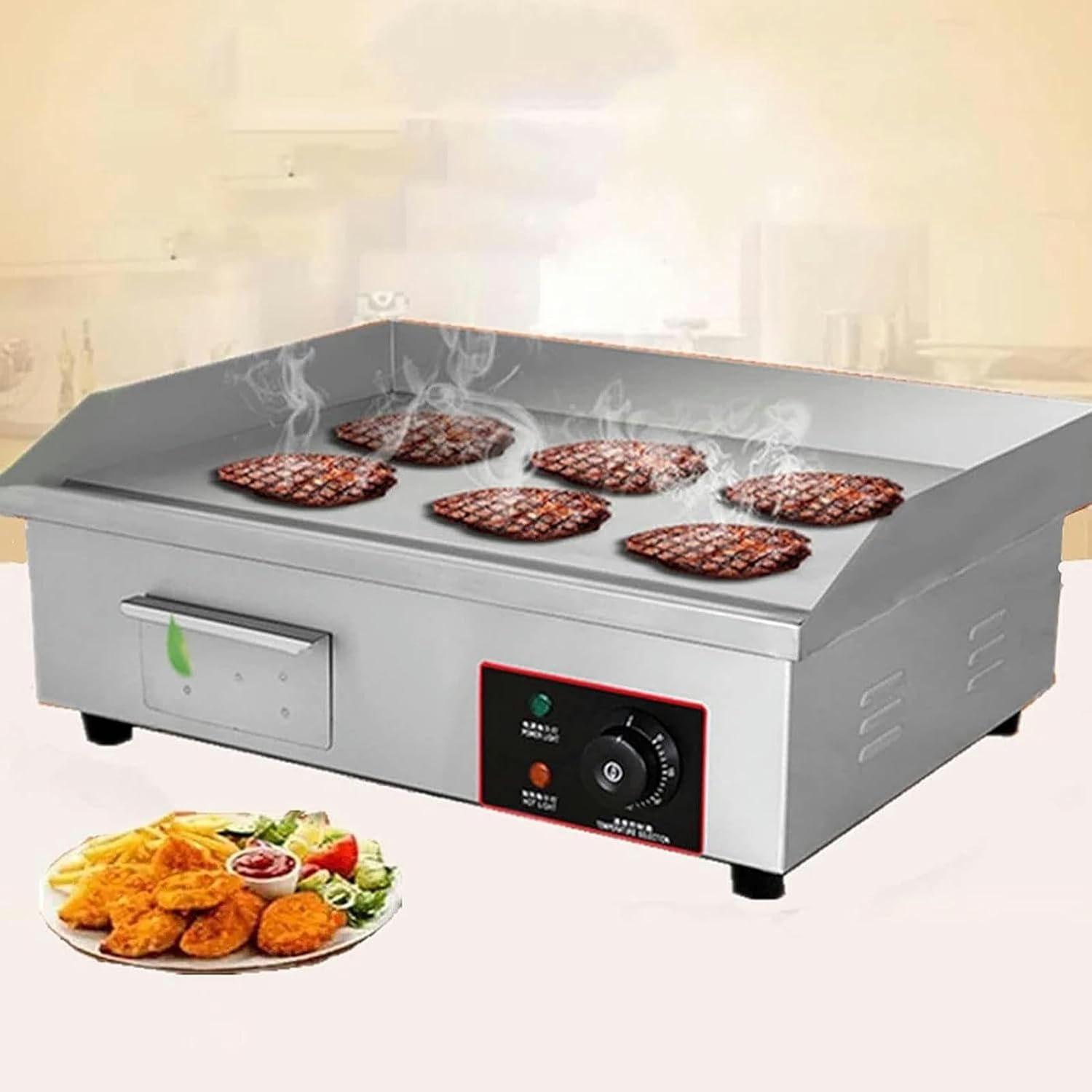 Commercial Electric Griddle, 3000W Commercial Stainless Steel Electric Countertop Griddle with Adjustable Temperature Control & Drip Hole, 8mm Cooking Surface Thick, for Restaurant Home