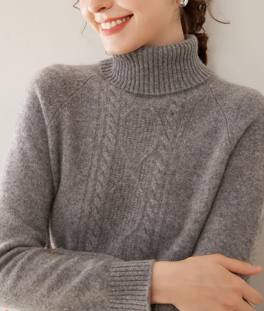 DISSA Maglione da donna in cashmere, a collo alto, a maniche lunghe, in lana cashmere, motivo a treccia, maglione spesso rilassato, SH530