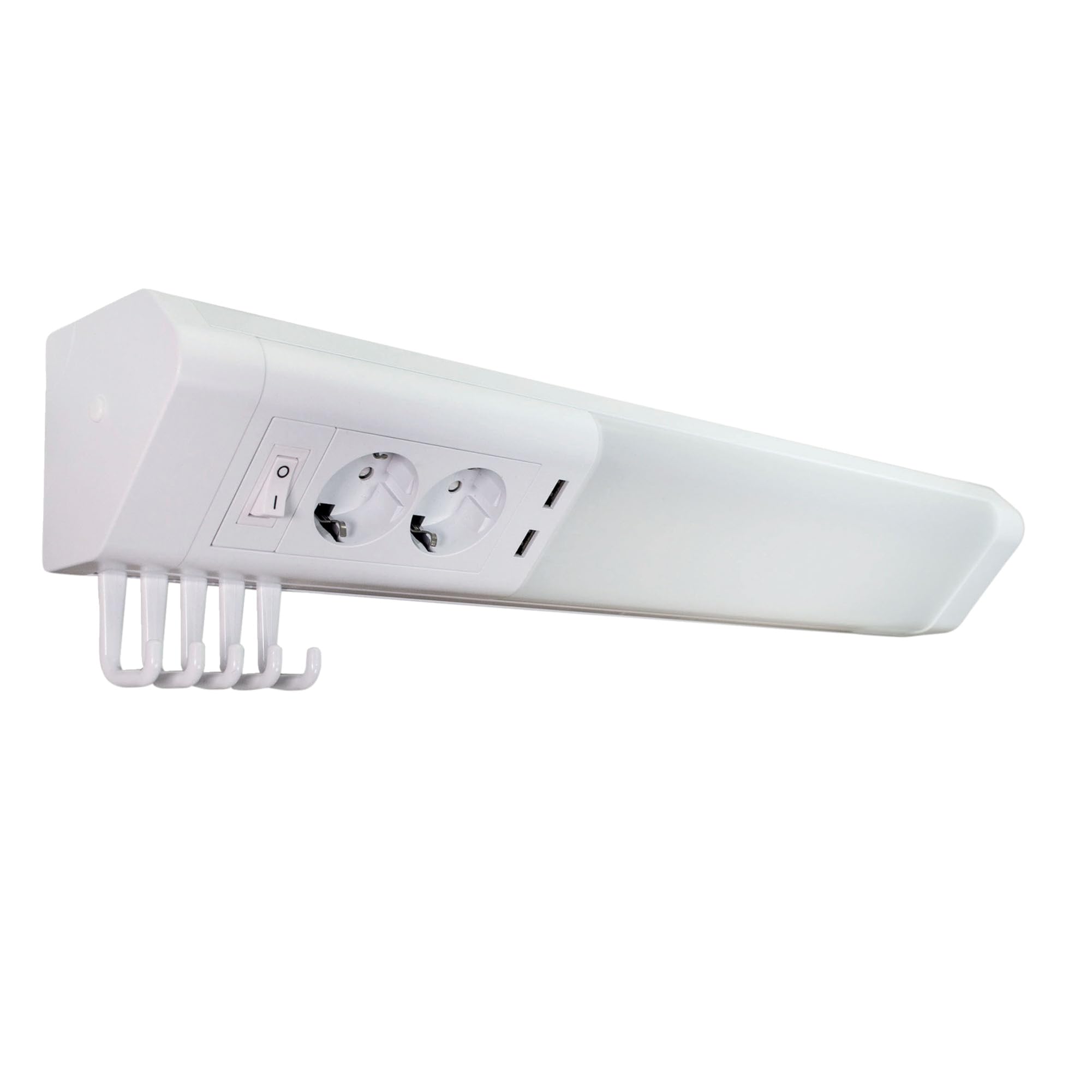 TIBELEC Réglette LED Blanc 11W, 1000 lm, 4000K, interrupteur on/off, 2 prises 240V + 2 USB, 5 crochets, garantie 5 ans